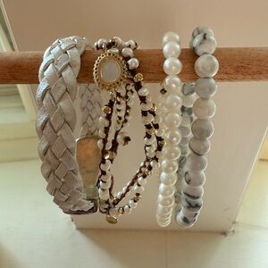 Mixed White, Gold, Pearl, and Marble Bracelet Set